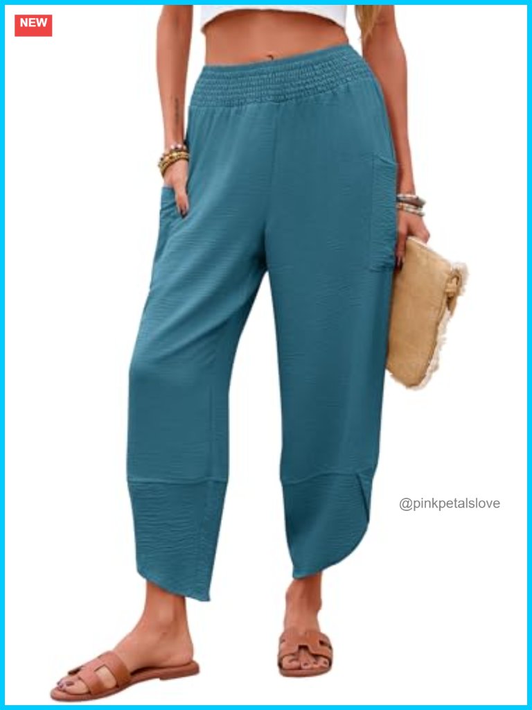 Women's Palazzo Capri Pants Smocked Waist Wide Leg Harem Pockets Vacation